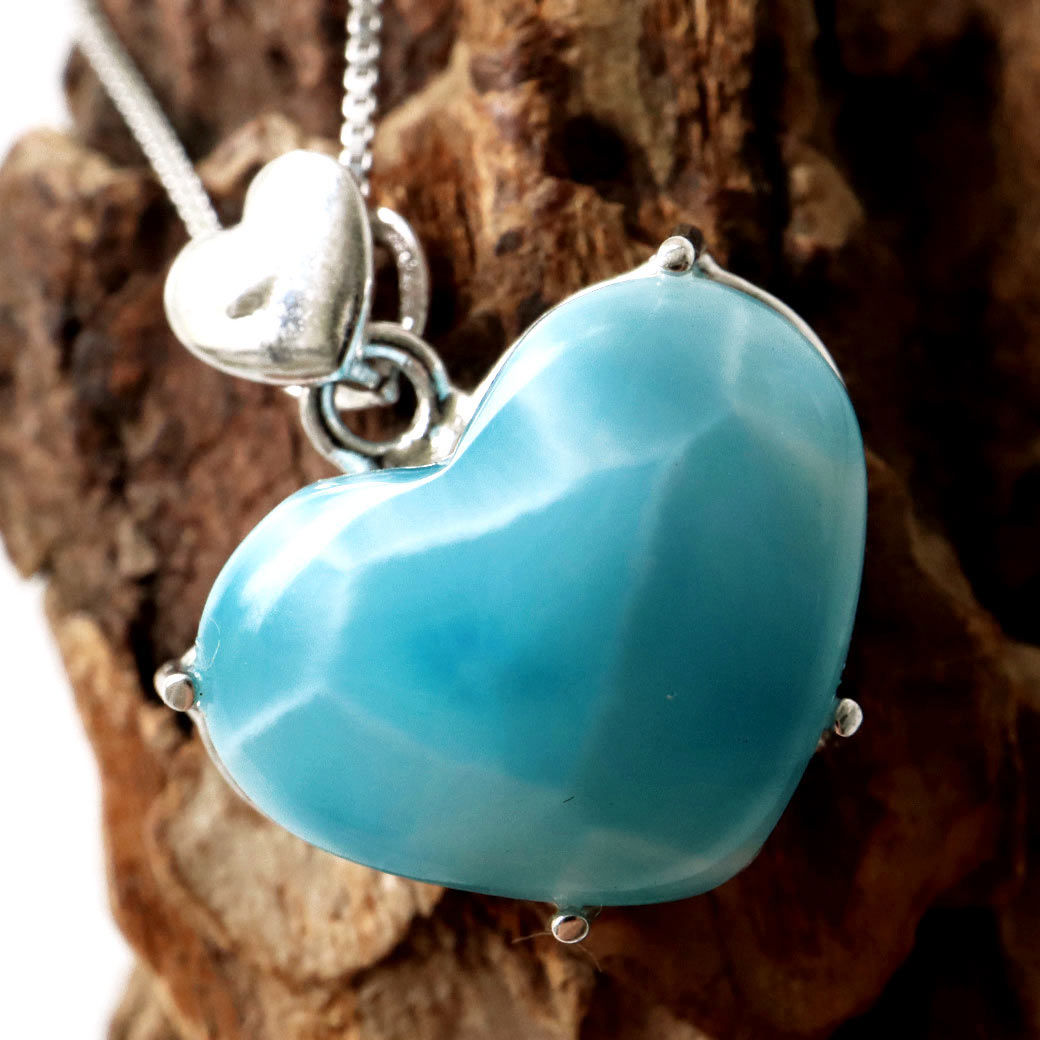 ラリマー ペンダント ハート型 カリブ海を連想させるスカイブルー ドミニカ産 Silver925 チェーン付き