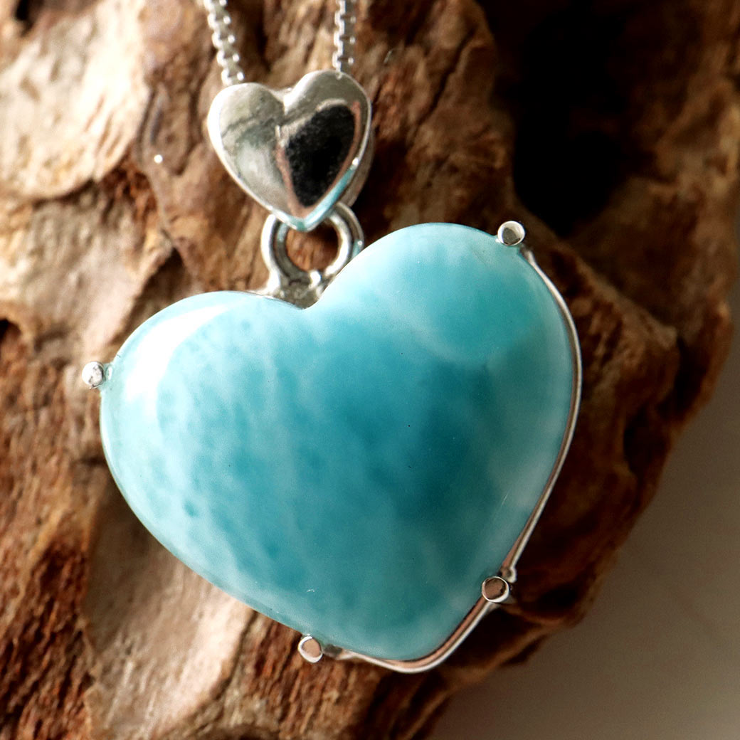 ラリマー ペンダント ハート型 カリブ海を連想させるスカイブルー ドミニカ産 Silver925 チェーン付き