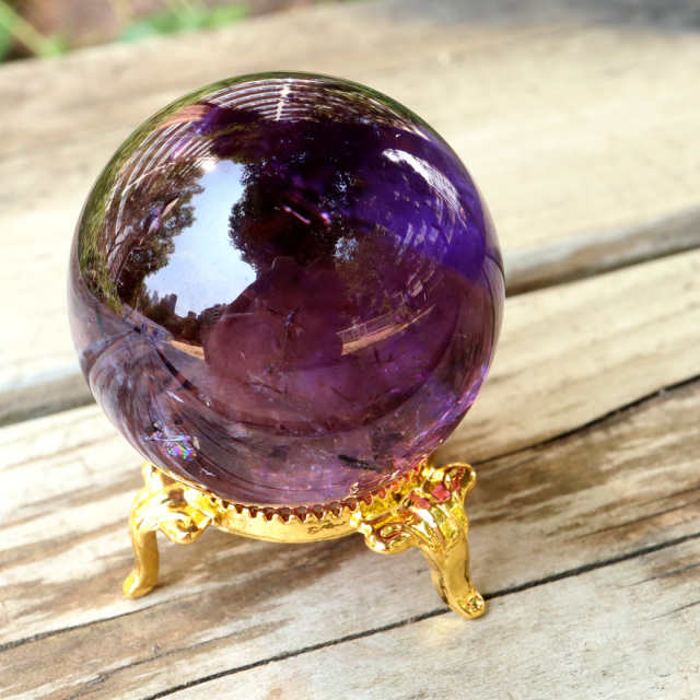 アメジスト 紫水晶 丸玉 虹入り レインボー ブラジル バイーア州産 AAA 直径約44mm 台座付き 1点もの スフィア 2月 誕生石 置き物