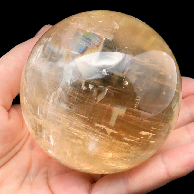 ゴールデン カルサイト 丸玉 木製台座付き AAA 虹入り レインボー 天然石 パワーストーン 1点もの 置き物 インテリア 方解石 風水