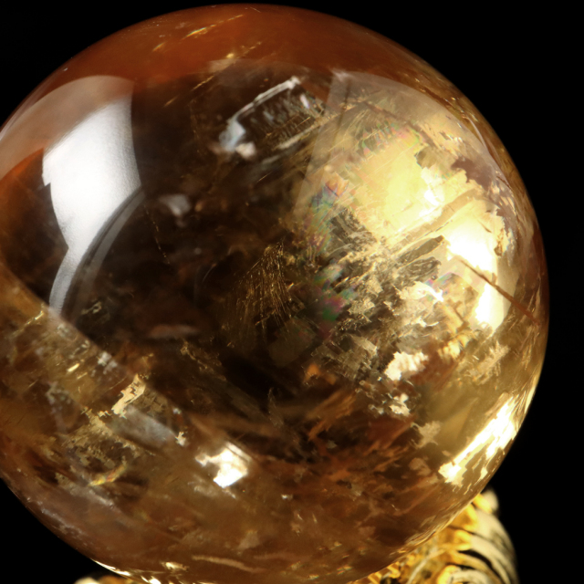 ゴールデン カルサイト 丸玉 虹入り レインボー 台座付き 直径約38mm