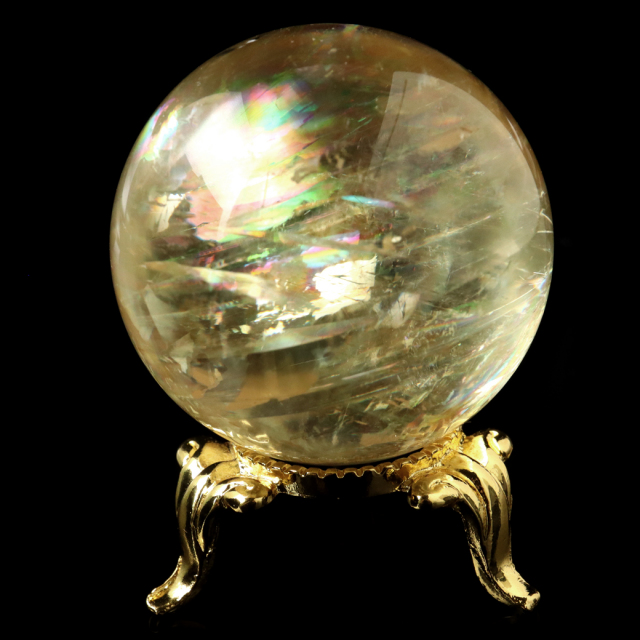 イエローカルサイト玉　レインボー入り ゴールデン カルサイト 丸玉 虹入り レインボー 台座付き 直径約39mm