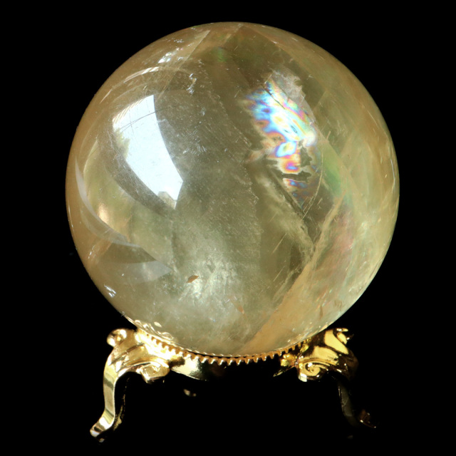 ゴールデン カルサイト 丸玉 木製台座付き AAA 直径約67mm 虹入り レインボー 1点もの 置き物 インテリア 方解石 風水