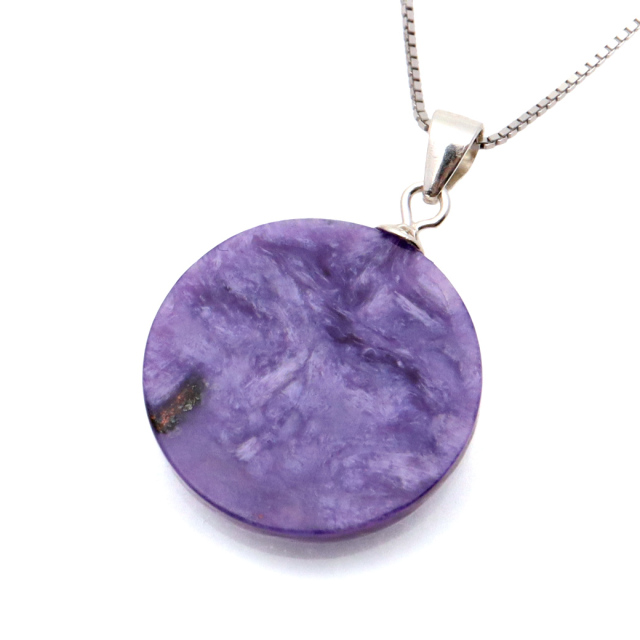 チャロアイト ペンダント 天然石 ネックレス トップ ラウンド Silver925 チェーン付き 世界三大ヒーリングストーン Charoite