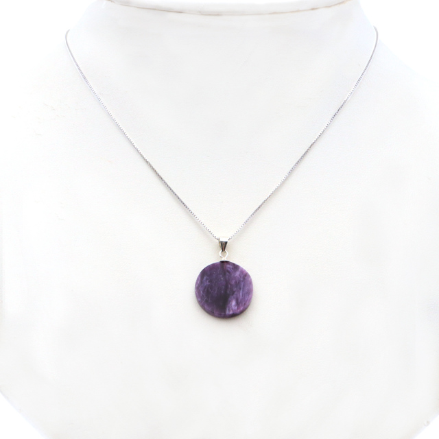 チャロアイト ペンダント 天然石 ネックレス トップ ラウンド Silver925 チェーン付き 世界三大ヒーリングストーン Charoite