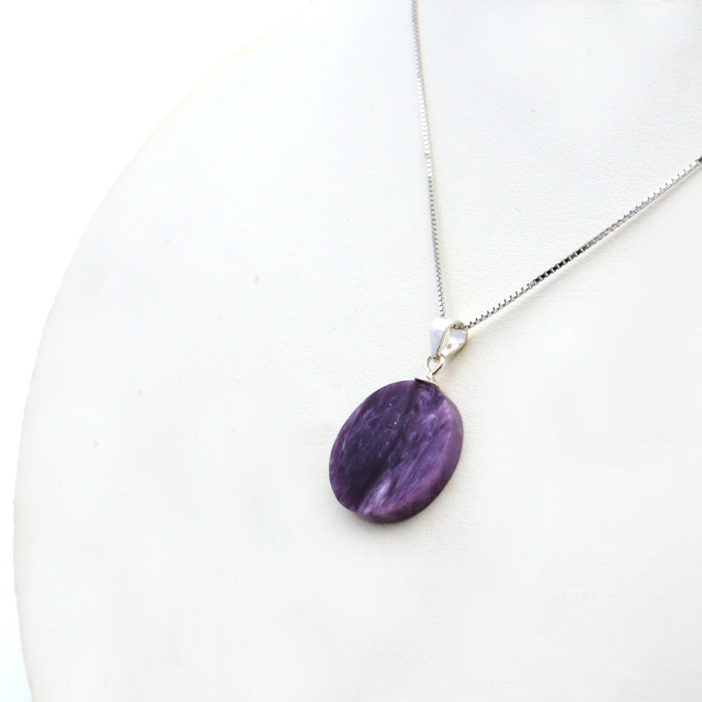 チャロアイト ペンダント 天然石 ネックレス トップ ラウンド Silver925 チェーン付き 世界三大ヒーリングストーン Charoite