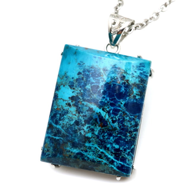 クリソコラ ネックレス AAA スクエア 天然石 ペンダント Silver925 チェーン付き パワーストーン 1点物 父の日 プレゼント