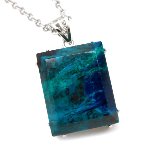 クリソコラ ネックレス AAA スクエア 天然石 ペンダント Silver925 チェーン付き パワーストーン 1点物 父の日 プレゼント