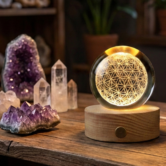 フラワーオブライフ クリスタルボール 約60mm 置き物 人工水晶 丸玉 LEDライト 照明 台座付き 神聖幾何学模様 縁起物 彫り物 置物 玄関