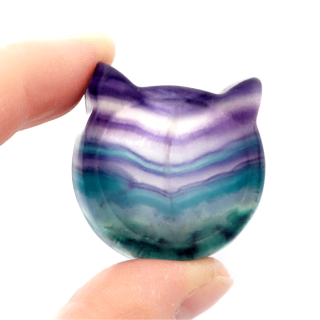 ネコ 小皿 置き物 フローライト イエロー グリーン パープル ピンク 浄化 ねこ 猫耳 縁起物 彫り物 猫 にゃんこ 天然石 パワーストーン