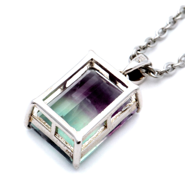 フローライト ネックレス 宝石質 スクエアカット Silver925 天然石 1点物 ペンダント 蛍石 マルチカラー グラデーション