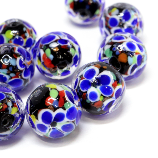 とんぼ玉 ビーズ 粒売り 1粒 12mm 青色 ブルー パーツ 制作 夏 花柄 おしゃれ かわいい バラ売り DIY 手作り 爆買