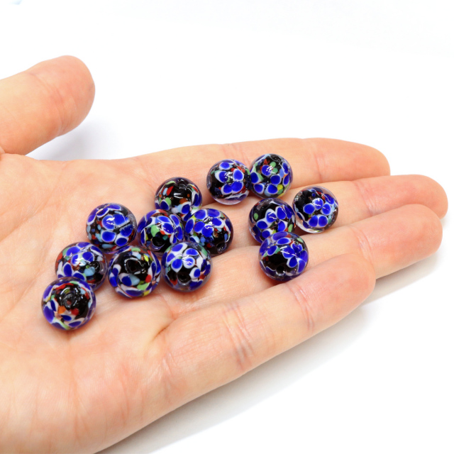 とんぼ玉 ビーズ 粒売り 1粒 12mm 青色 ブルー パーツ 制作 夏 花柄 おしゃれ かわいい バラ売り DIY 手作り 爆買