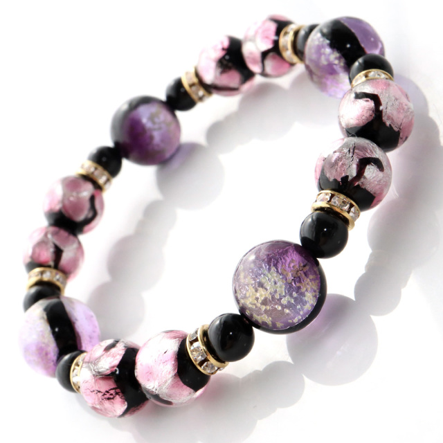 光る ホタルガラス マリンパープル ピンク ブレスレット 沖縄 人気 お土産 パワーストーン