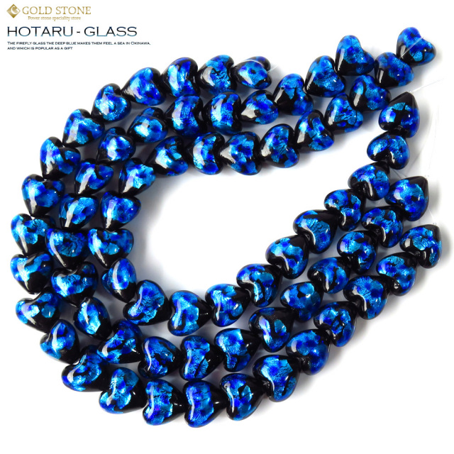 ホタルガラス 一連 ビーズ ハート型 サイズ大 約19 x 20 x 12mm 長さ約39cm  とんぼ石 沖縄で大人気のお土産