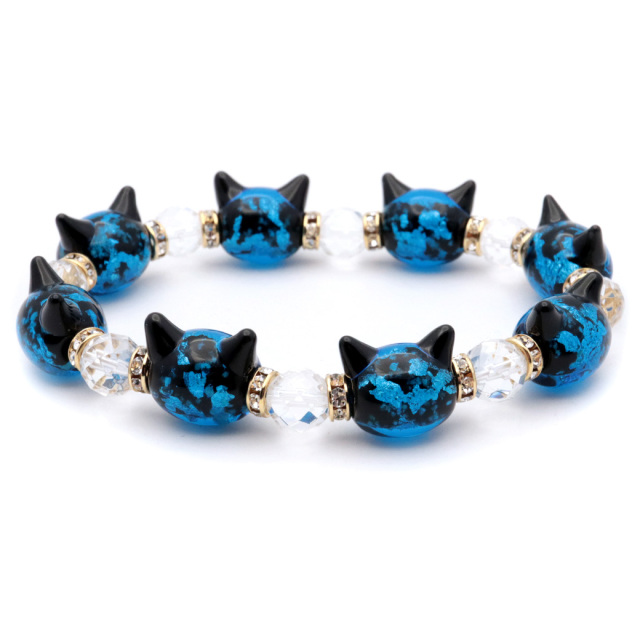 ♥ちなっち様♥ 猫ちゃん   豪華 体内 喉 パワーストーンブレスレット ホタルガラス ブレスレット 光る 夜光 猫型ビーズ 水晶 64面