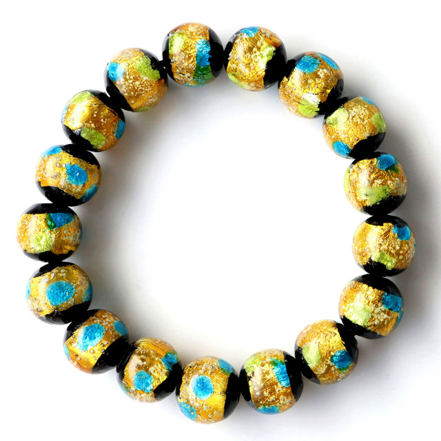 光る ホタルガラス イエロー ブルー MIX 12mm ブレスレット とんぼ石 青色 黄色 沖縄 お土産