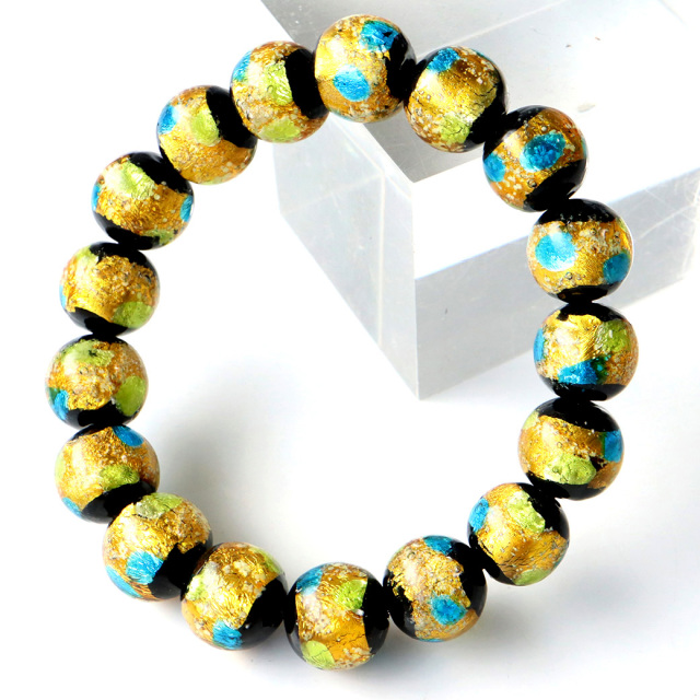 光る ホタルガラス イエロー ブルー MIX 12mm ブレスレット とんぼ石 青色 黄色 沖縄 お土産