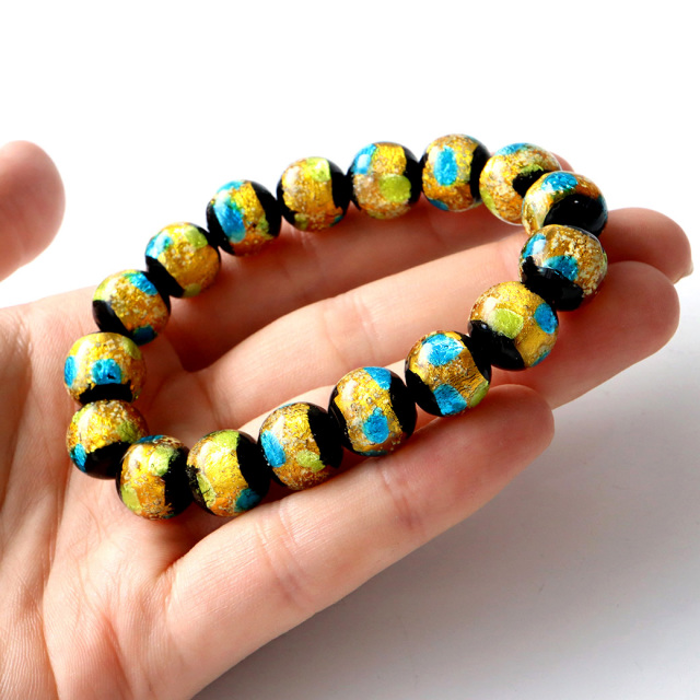 光る ホタルガラス イエロー ブルー MIX 12mm ブレスレット とんぼ石 青色 黄色 沖縄 お土産