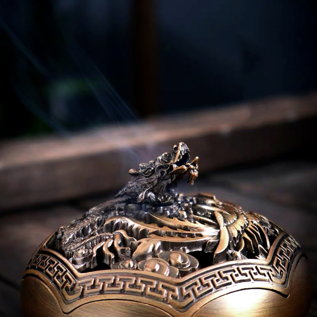 香炉 おしゃれ お香立て 真鍮製 龍 鳳凰 蓋付き 不燃綿入り 丸型
