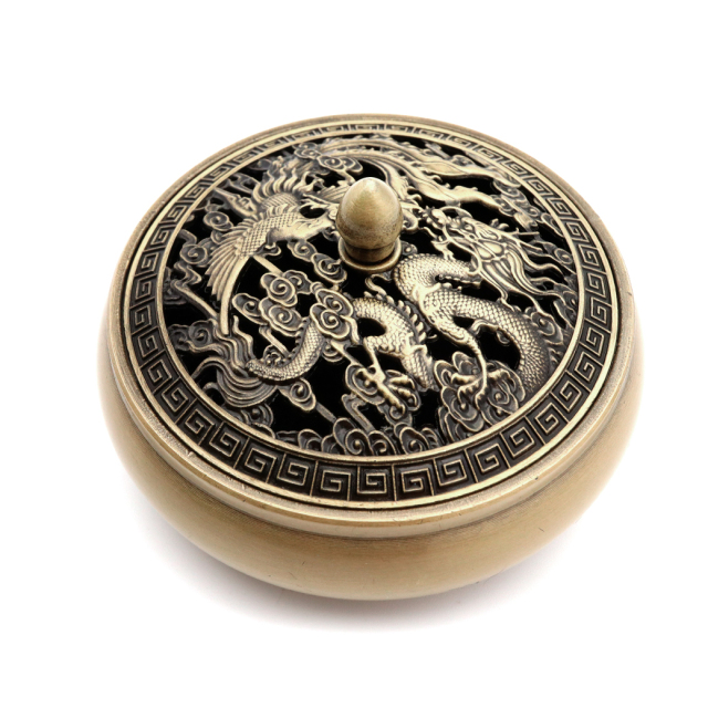 香炉 おしゃれ お香立て 真鍮製 龍 鳳凰 デザイン 蓋付き 不燃綿入り