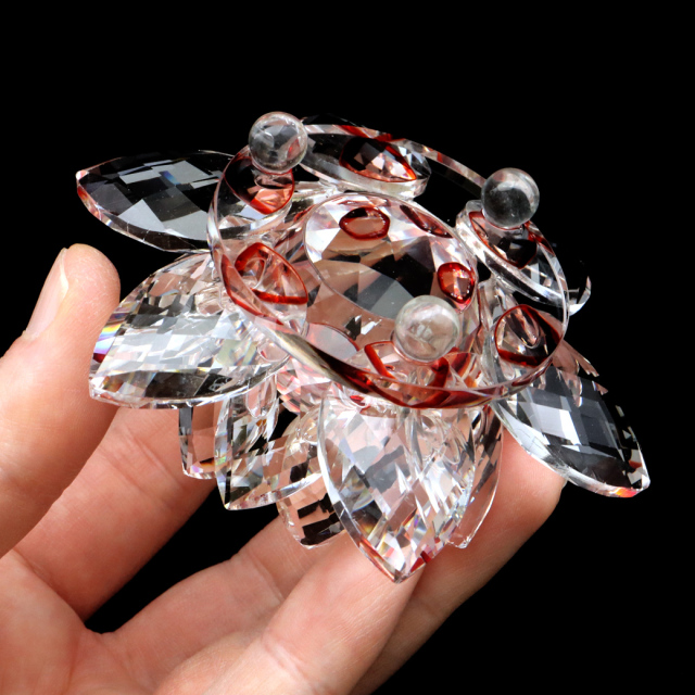 蓮の花 置物 レッド クリスタルガラス サンキャッチャー 開運