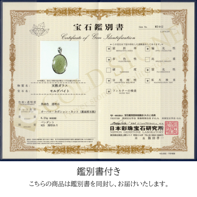 モルダバイト ネックレス 鑑別書付き 天然石 ペンダント 超高品質 龍紋がはっきりと見える 本物 Silver925