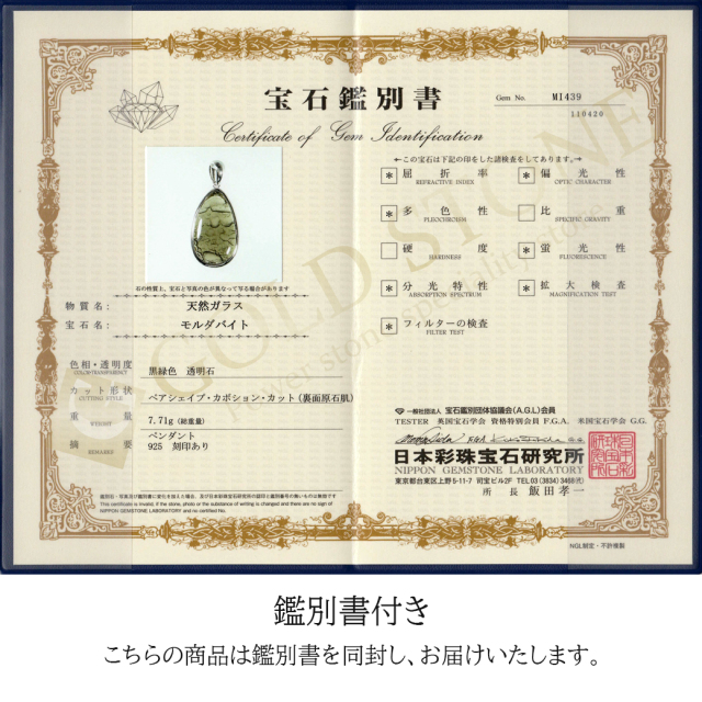 モルダバイト ネックレス 鑑別書付き 天然石 ペンダント 超高品質 龍紋がはっきりと見える 本物 Silver925