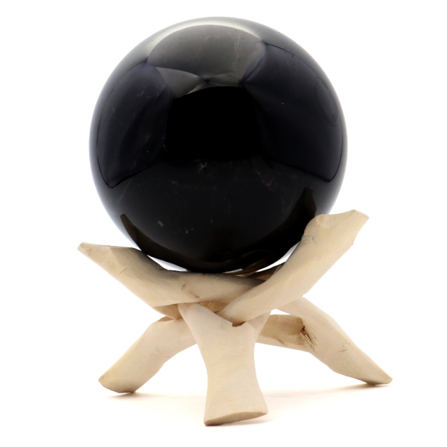 モリオン 黒水晶 丸玉 木製台座付き 直径 80mm 山東省産 天然石
