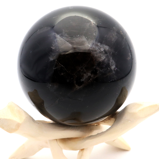 モリオン 黒水晶 丸玉 木製台座付き 直径 67mm 山東省産 天然石
