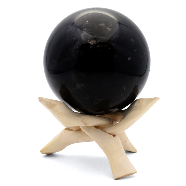 モリオン 黒水晶 丸玉 木製台座付き 直径 80mm 山東省産 天然石