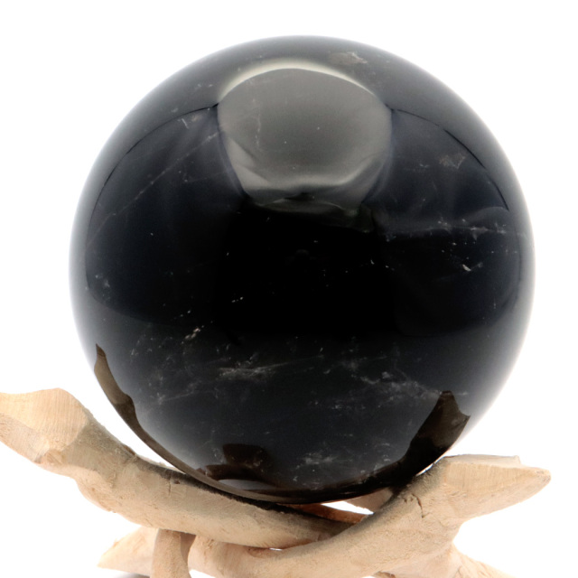 モリオン 黒水晶 丸玉 木製台座付き 直径 77mm 山東省産 天然石 パワーストーン 1点もの 置き物 インテリア 置物 開運 原石