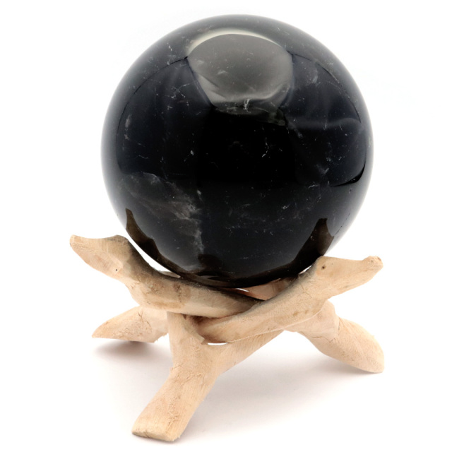 モリオン 黒水晶 丸玉 木製台座付き 直径 78mm 山東省産 天然石