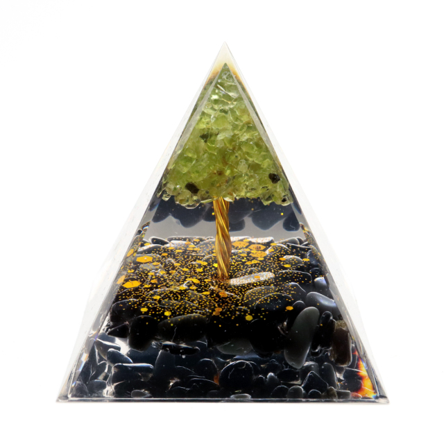 オルゴナイト ピラミッド 招財樹 天然石 さざれ オブシディアン ペリドット 幅 約5cm orgonite pyramid  置物