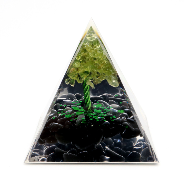オルゴナイト ピラミッド 招財樹 天然石 さざれ オブシディアン ペリドット 幅 約5cm orgonite pyramid  置物