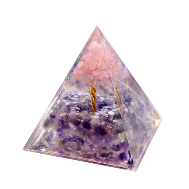 オルゴナイト ピラミッド 招財樹 ツリー 天然石 さざれ アメジスト ローズクォーツ 幅 約5cm orgonite pyramid  置物 パワーストーン 浄化