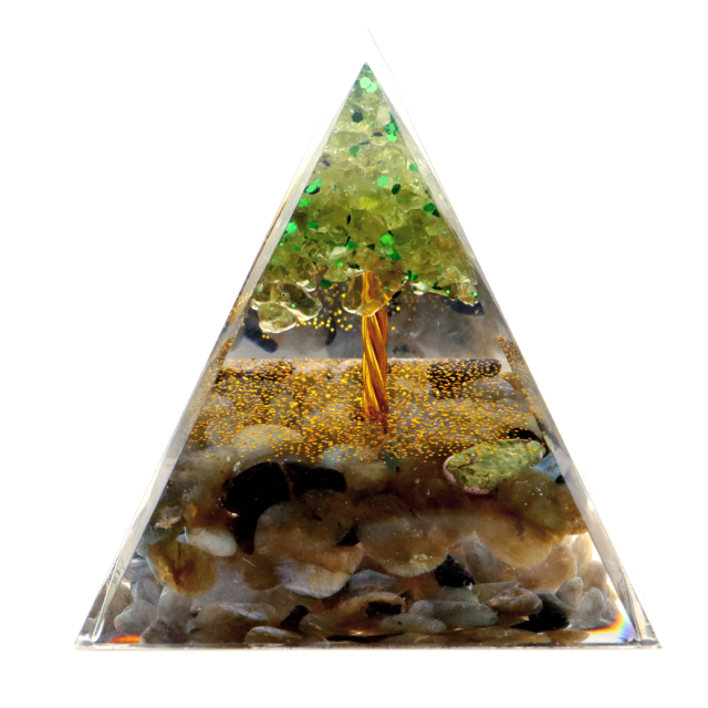 オルゴナイト ピラミッド 招財樹 天然石 さざれ ラブラドライト ペリドット 幅 約5cm orgonite pyramid  置物