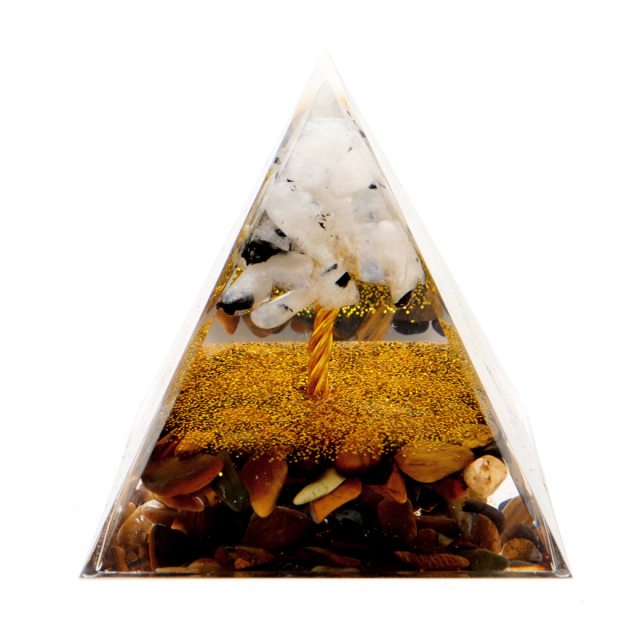 オルゴナイト ピラミッド 招財樹 天然石 さざれ タイガーアイ ムーンストーン 幅 約5cm orgonite pyramid  置物