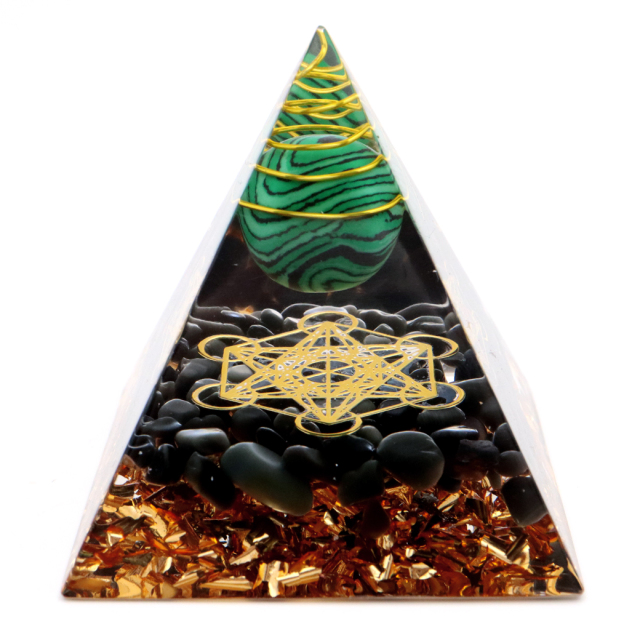 オルゴナイト ピラミッド 六芒星 天然石 オブシディアンさざれ マラカイト 丸玉 幅 約5cm orgonite pyramid  置物 パワーストーン