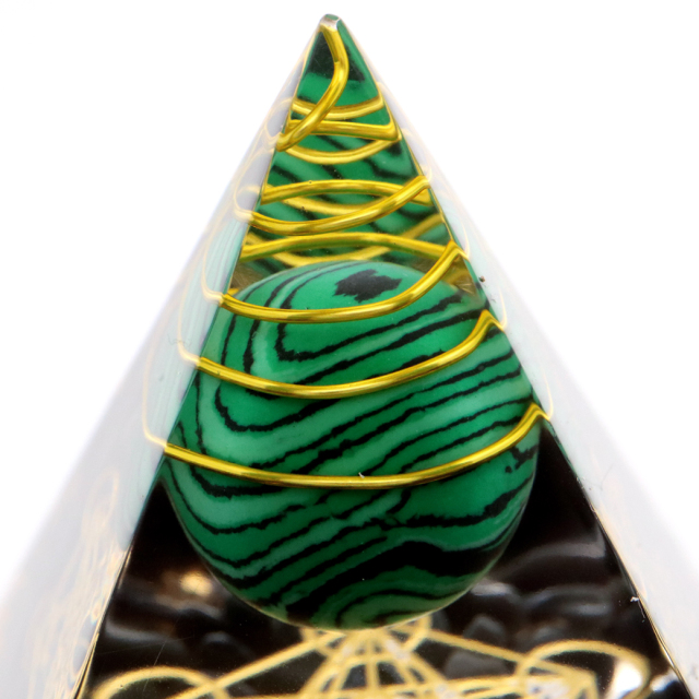 オルゴナイト ピラミッド 六芒星 天然石 オブシディアンさざれ マラカイト 丸玉 幅 約5cm orgonite pyramid  置物 パワーストーン