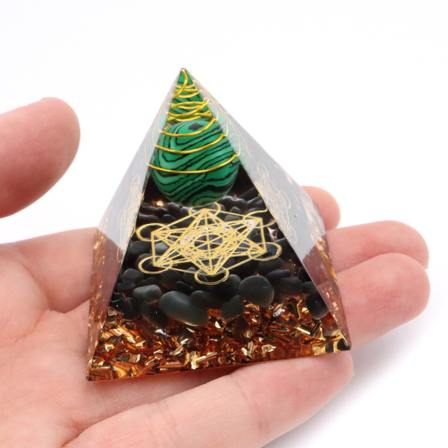 オルゴナイト ピラミッド 六芒星 天然石 オブシディアンさざれ マラカイト 丸玉 幅 約5cm orgonite pyramid  置物 パワーストーン