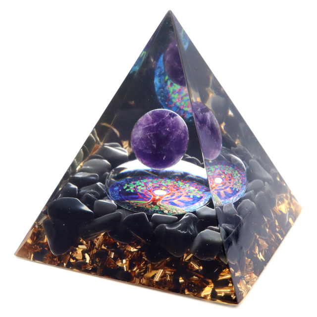 オルゴナイト ピラミッド 招財樹 オブシディアン さざれ アメジスト 丸玉入り orgonite pyramid  置物 天然石 パワーストーン 浄化