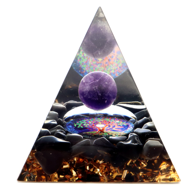 オルゴナイト ピラミッド 招財樹 オブシディアン さざれ アメジスト 丸玉入り orgonite pyramid  置物 天然石 パワーストーン 浄化