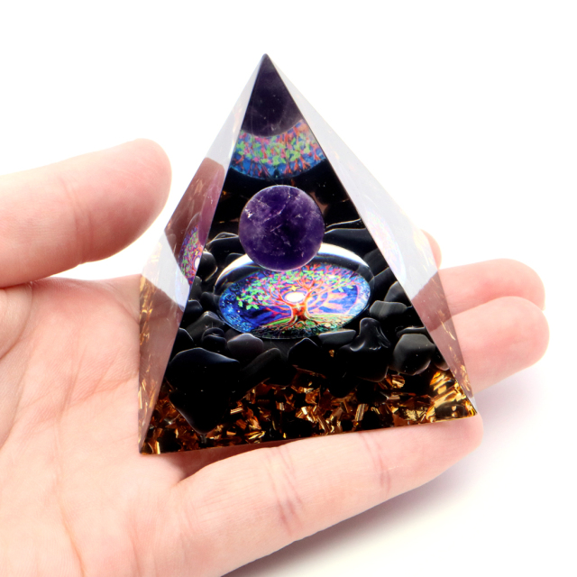 オルゴナイト ピラミッド 招財樹 オブシディアン さざれ アメジスト 丸玉入り orgonite pyramid  置物 天然石 パワーストーン 浄化