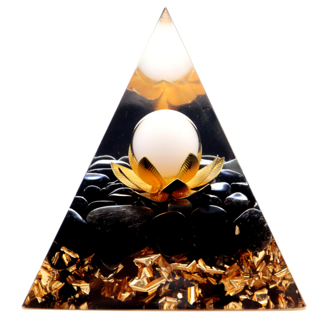 オルゴナイト ピラミッド オブシディアン さざれ入り 蓮の花 orgonite pyramid  置物 天然石 パワーストーン 浄化