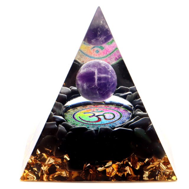 オルゴナイト ピラミッド 幾何学模様 オブシディアン さざれ アメジスト 丸玉入り orgonite pyramid  置物 天然石 パワーストーン 浄化
