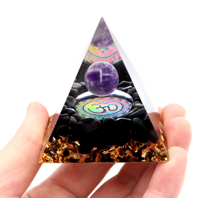オルゴナイト ピラミッド 幾何学模様 オブシディアン さざれ アメジスト 丸玉入り orgonite pyramid  置物 天然石 パワーストーン 浄化
