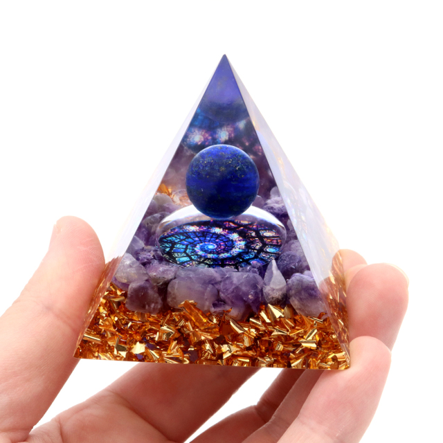 オルゴナイト ピラミッド アメジスト さざれ ラピスラズリ丸玉入り ステンドグラス風 紫水晶 orgonite pyramid  置物 天然石 