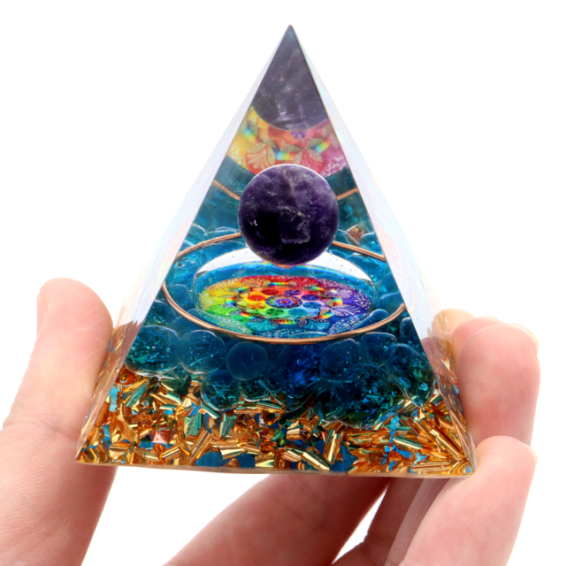 オルゴナイト ピラミッド アメジスト 丸玉入り 紫水晶 曼荼羅 orgonite pyramid  置物 天然石 パワーストーン 浄化