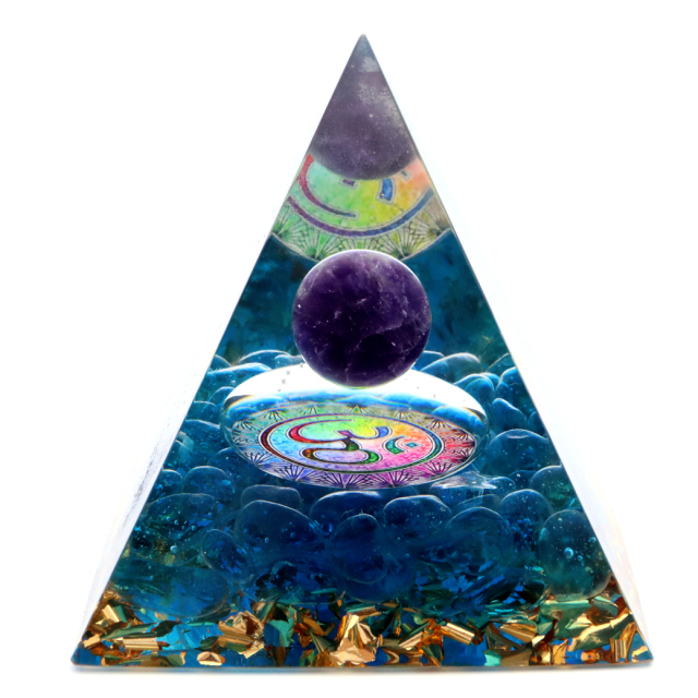オルゴナイト ピラミッド アメジスト 丸玉入り 紫水晶 幾何学模様 orgonite pyramid  置物 天然石 パワーストーン 浄化